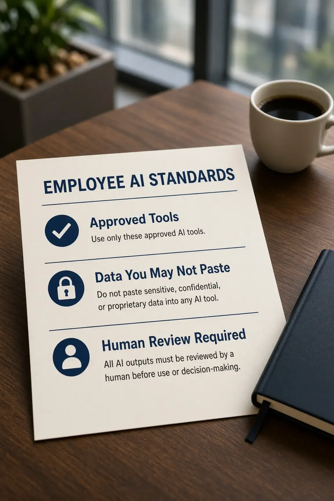 One-page employee AI standards sheet covering approved tools, restricted data, and required human review.