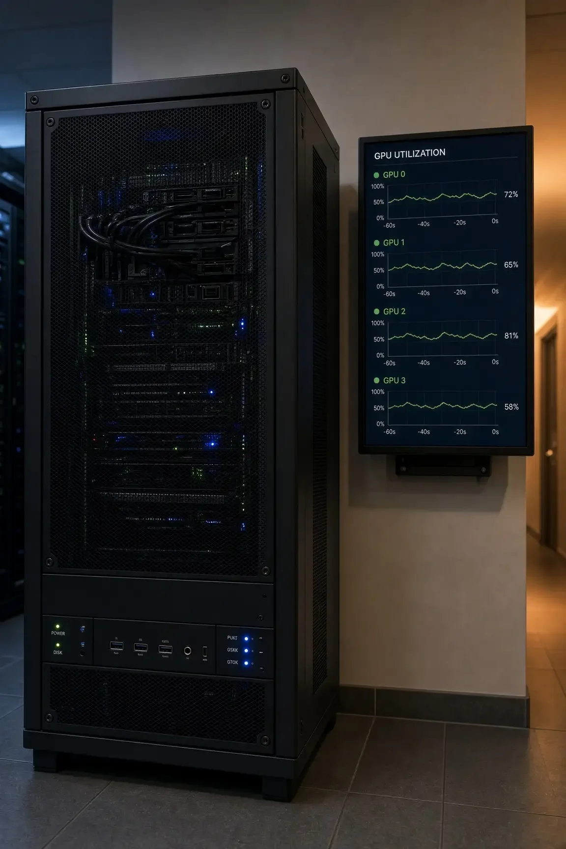 Compact private AI server with GPU hardware and a utilization display in a clean, access-controlled room.