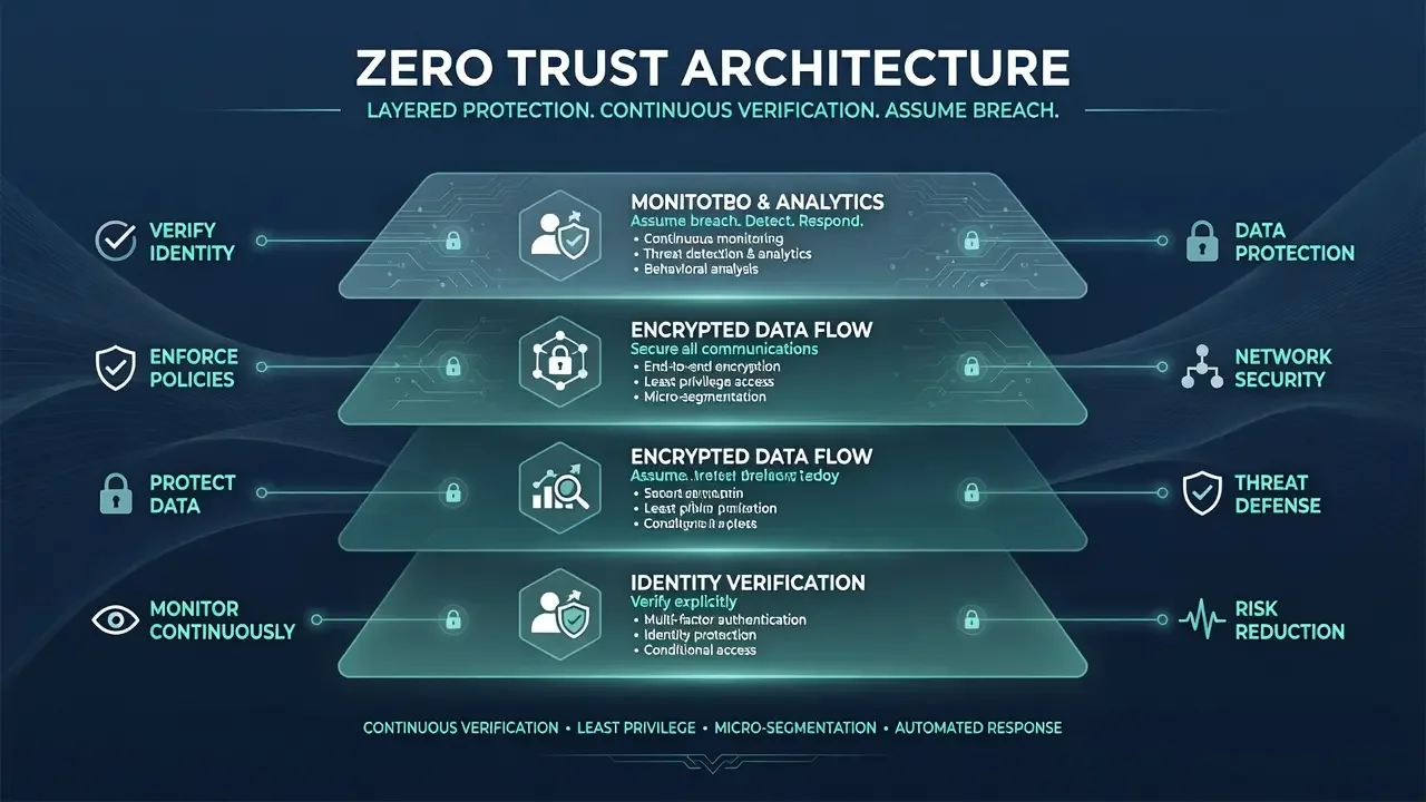 Layered Zero Trust cybersecurity architecture diagram with identity management and encrypted data protection in professional navy and teal tones.