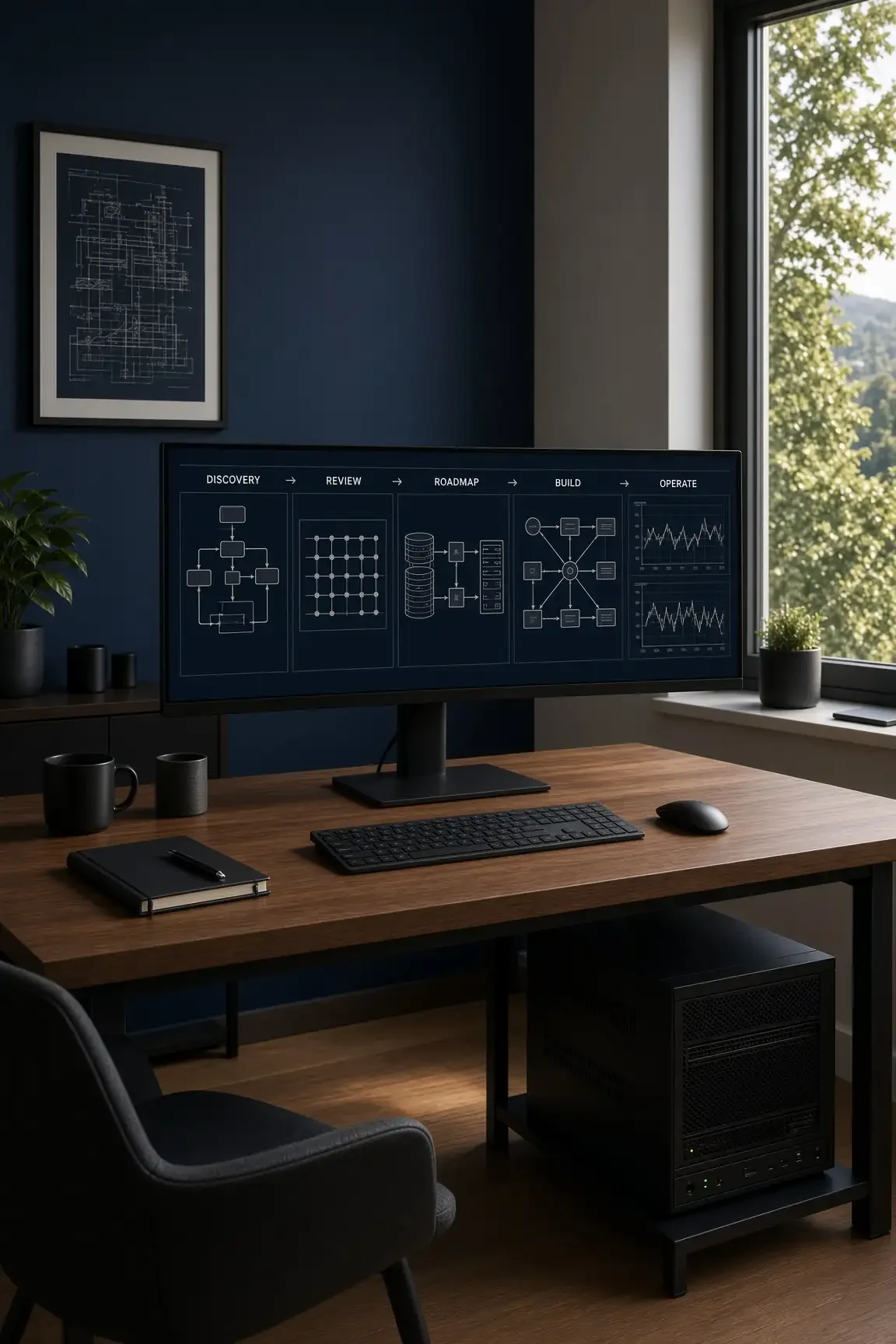 Five steps representing discovery, review, roadmap, build, and ongoing operation of an AI program.