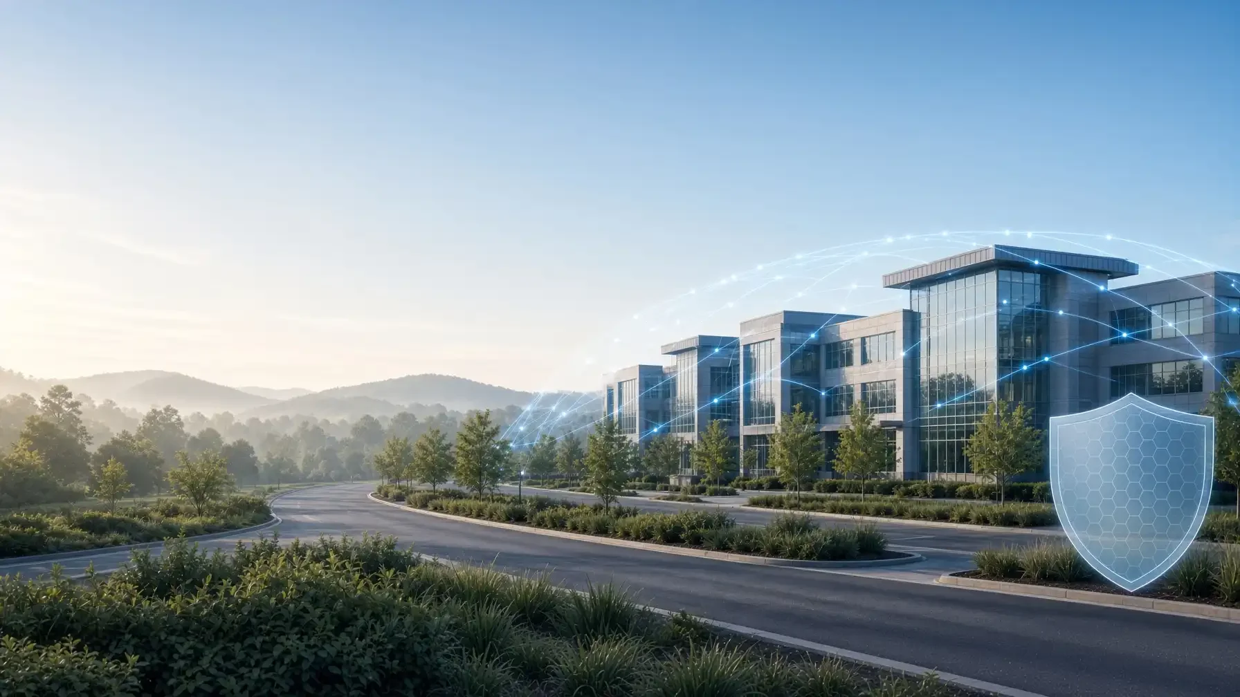 <div class="sr-only">   <span role="img" aria-label="Modern commercial building in a wooded East Tennessee setting with large windows and soft morning light, with subtle digital network lines overlay."></span> </div>
