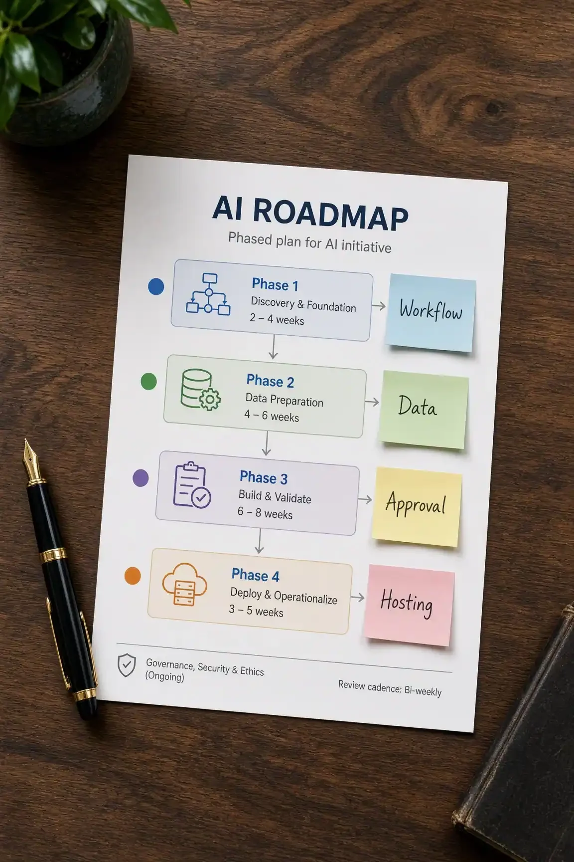 Printed AI roadmap on a desk with notes for workflow, data access, approvals, and hosting.