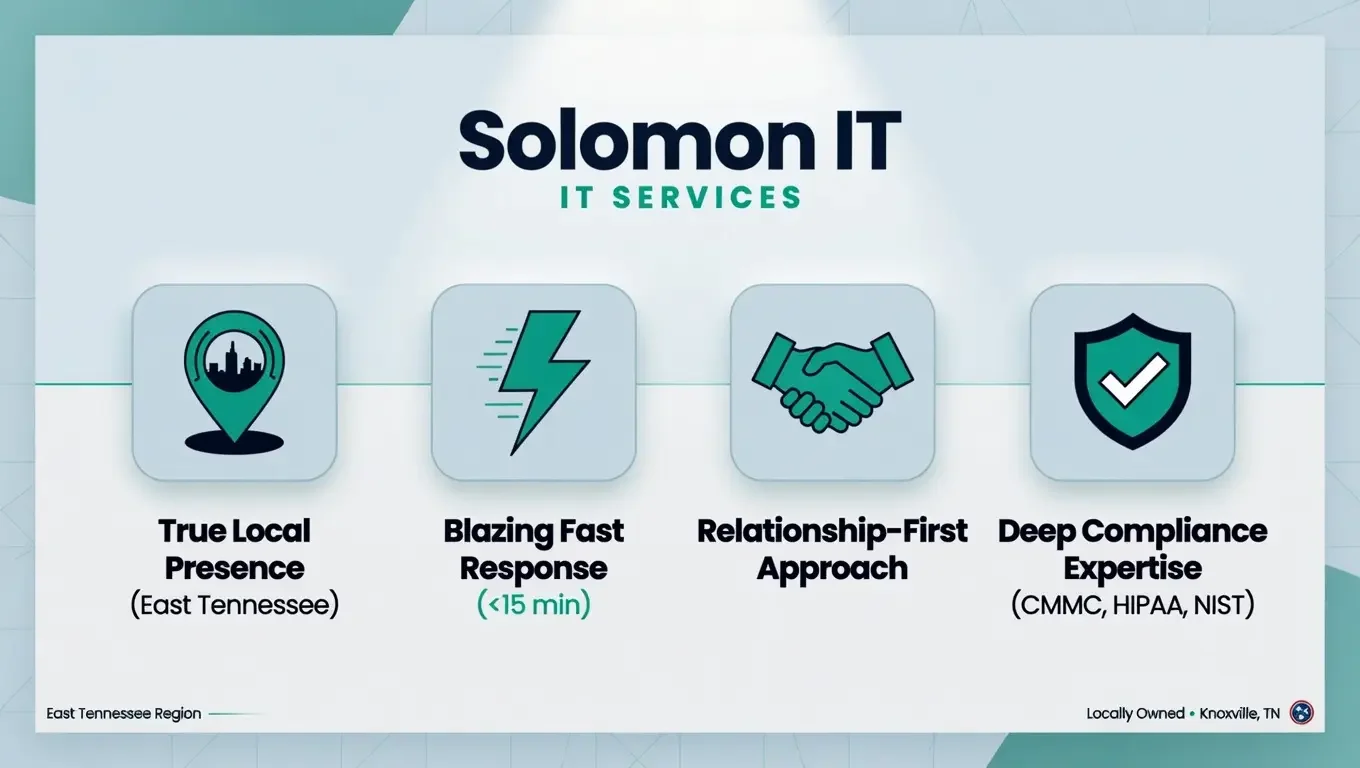 Graphic showing what sets Solomon IT apart from other IT companies in Knoxville: true local presence, blazing fast response, relationship-first approach, and deep compliance expertise with CMMC, HIPAA, and NIST