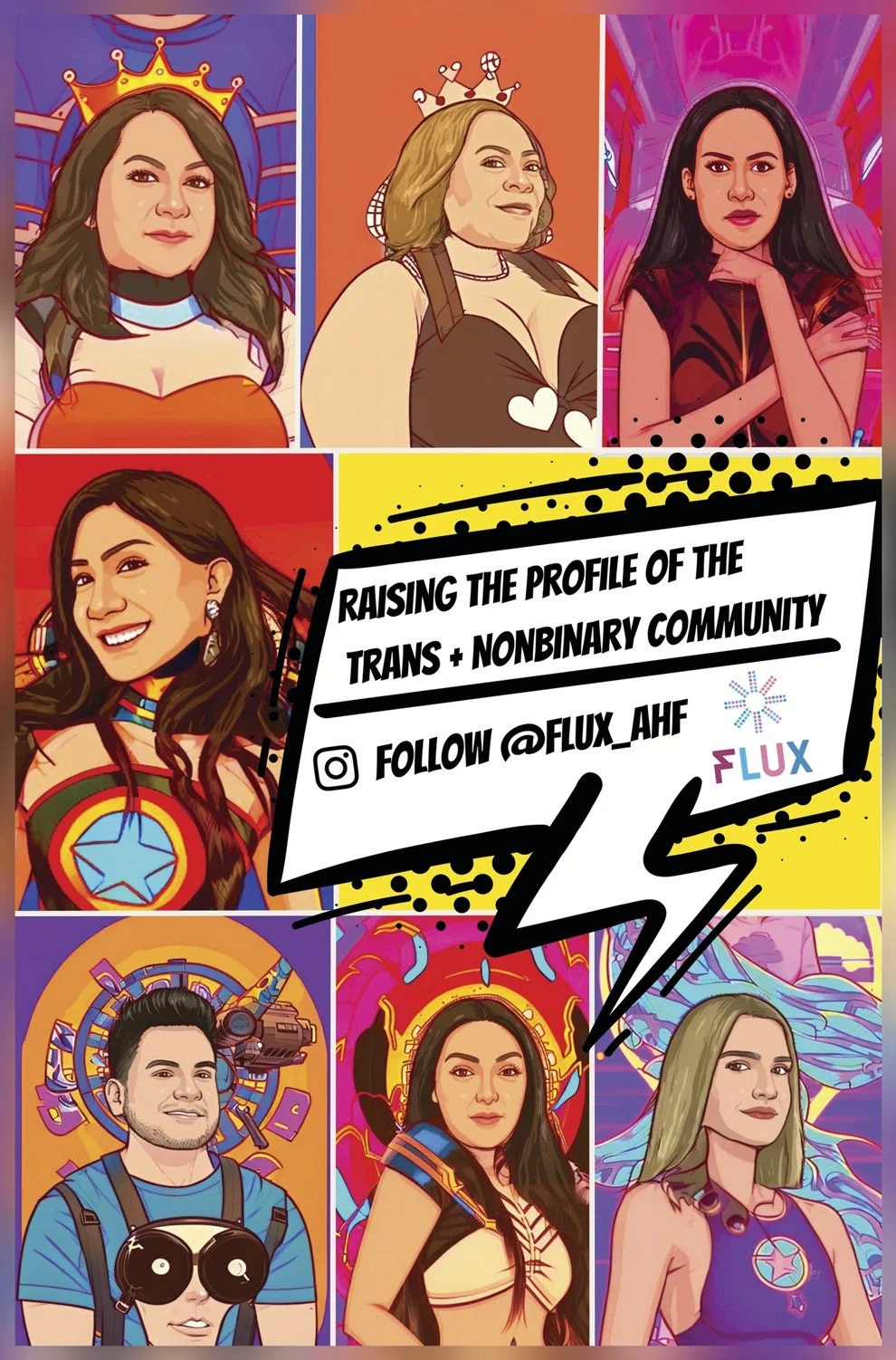 Digital illustration of diverse women, some with superhero or fantasy-inspired costumes, and a man with a VR headset, promoting raising the profile of the trans and nonbinary community, with social media handle @flux_ahf