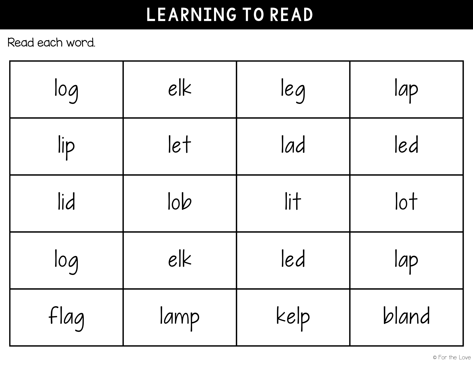 learning to read the letter l