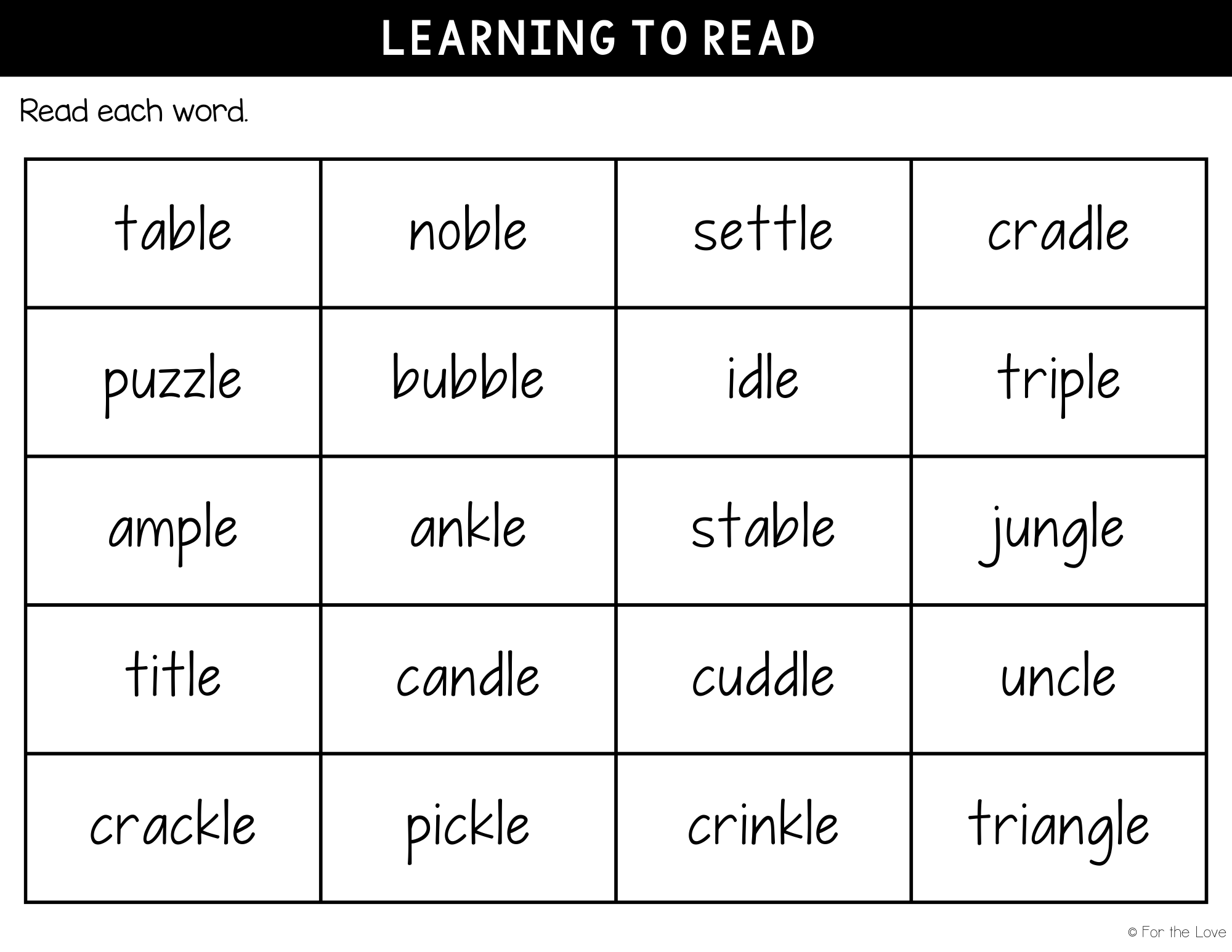 Practice reading words with the consonant + le final stable syllable.