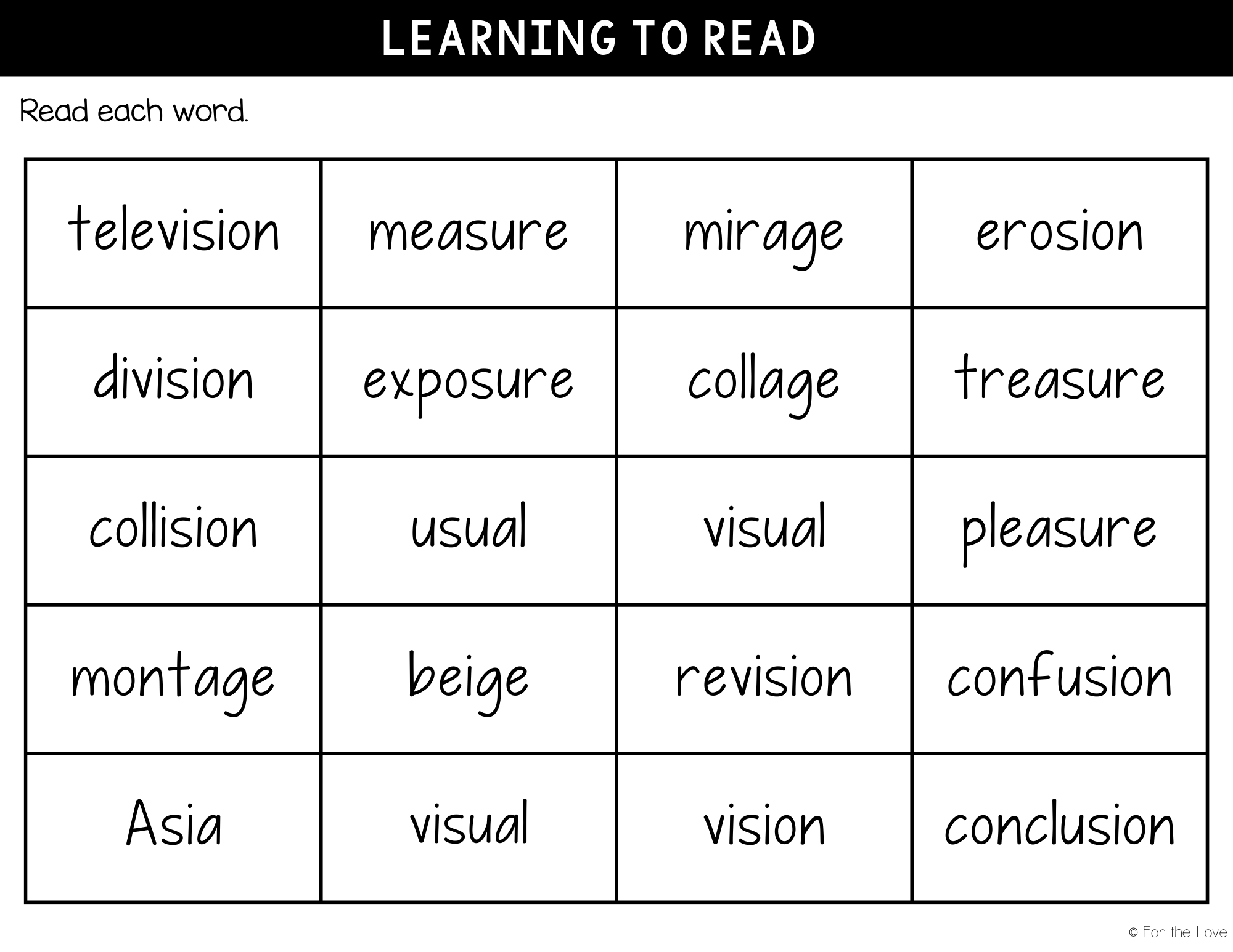 Practice reading these words with the /zh/ sound.