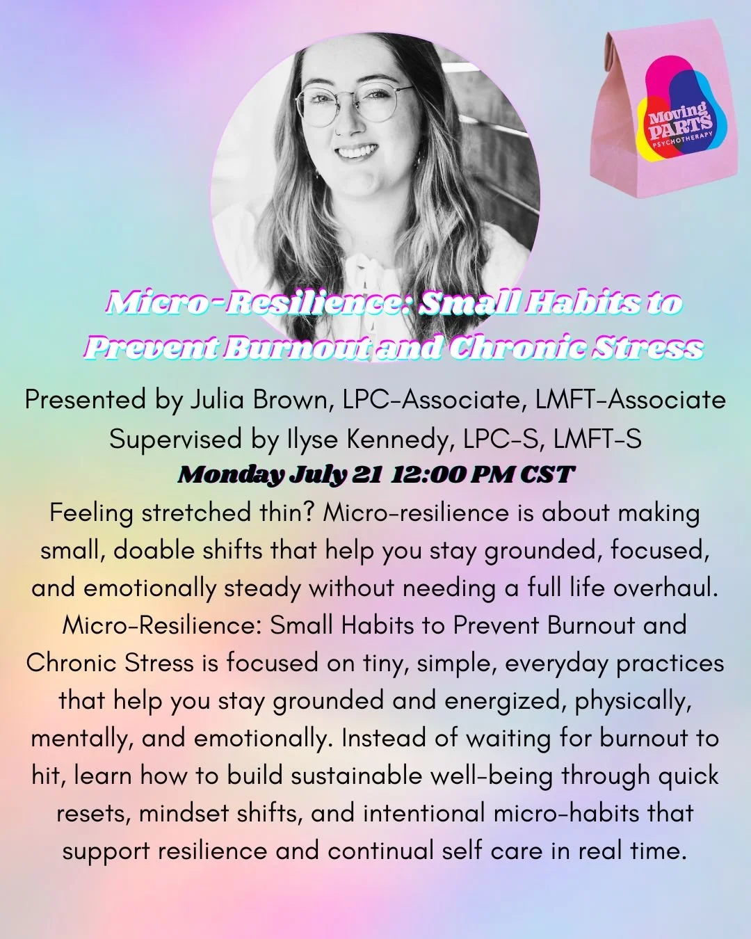 Join us for another summer Lunch &amp; Learn with our associate Julia Brown, LPC-Associate, LMFT-Associate on Micro-Resilience: Small Habits to Prevent Burnout and Chronic Stress! Want to grab the link? DM us or pop your e-mail address in our stories