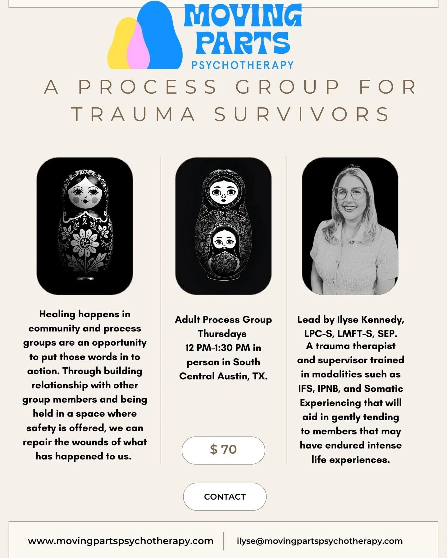 Now accepting members and set to begin January 29th! If you're interested in setting up a consultation to see if you might be a good fit, contact ilyse@movingpartspsychotherapy.com
.
.
.
.
.
.
.
.
.
.
.
.
#processgroup #traumarecovery #austintexas #t