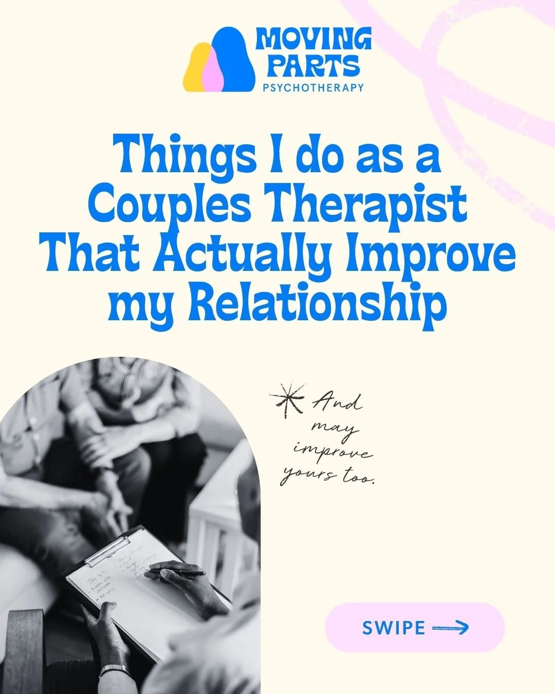 Things I do as a couples therapist that actually improve my relationship with my partner:

1) The 6-second greeting and farewell: My partner and I spend an intentional, minimum of, 6 seconds connecting before separating for the day and when we reunit
