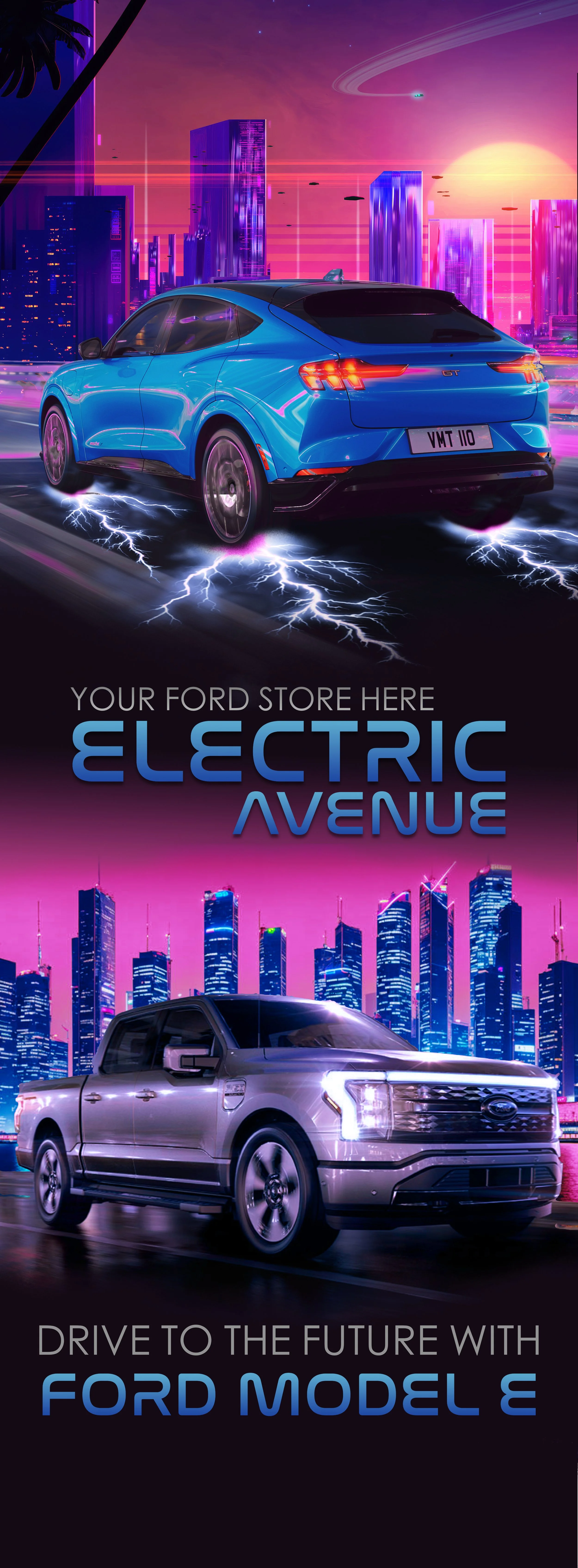 A futuristic digital rendering of a blue Ford electric SUV with lightning effects in a neon-lit cityscape at sunset, promoting Ford's electric vehicle and Ford Model E.
