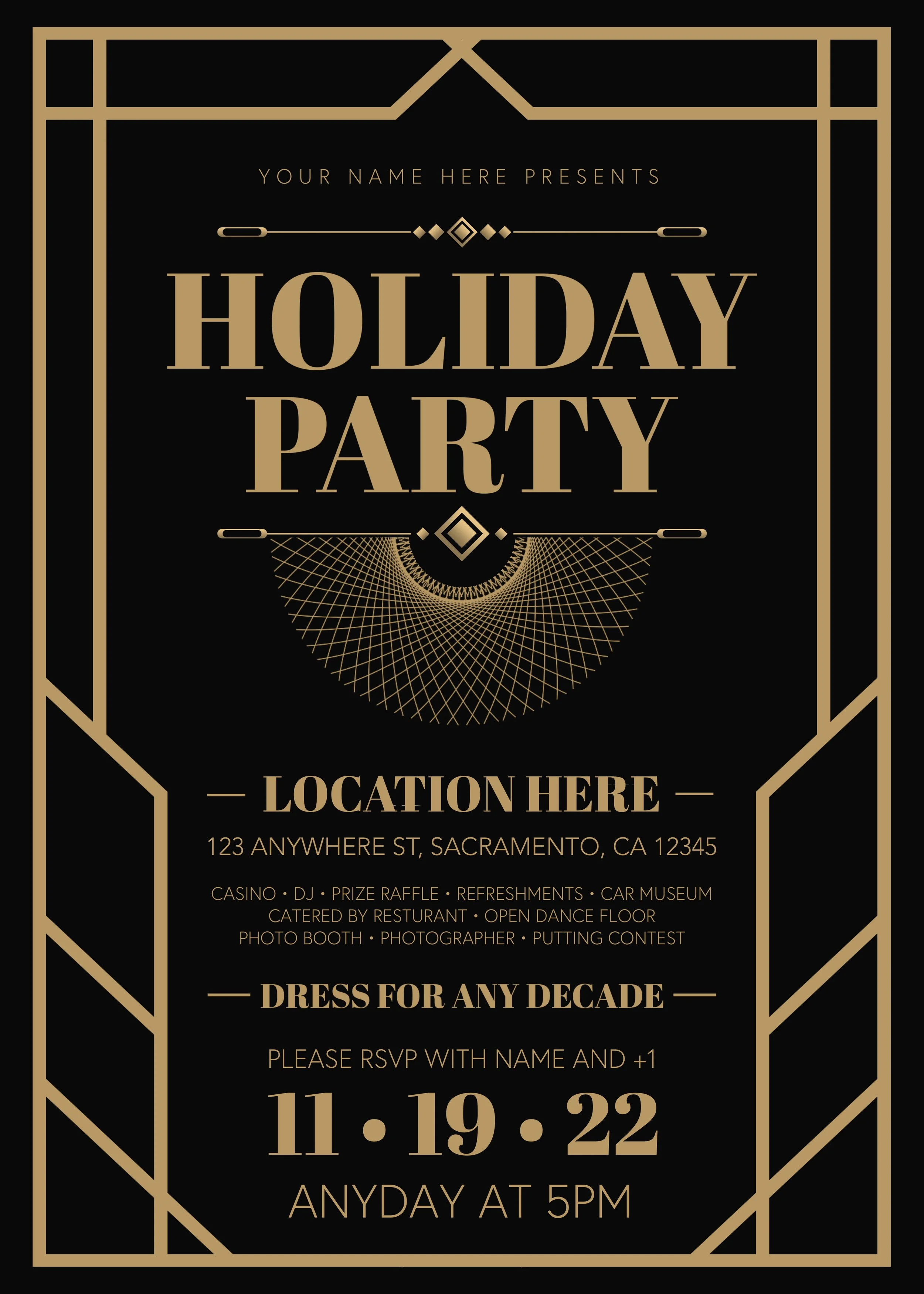 A black and gold holiday party invitation with a geometric design and event details, including the date November 19, 2022, and a request to RSVP with a name.