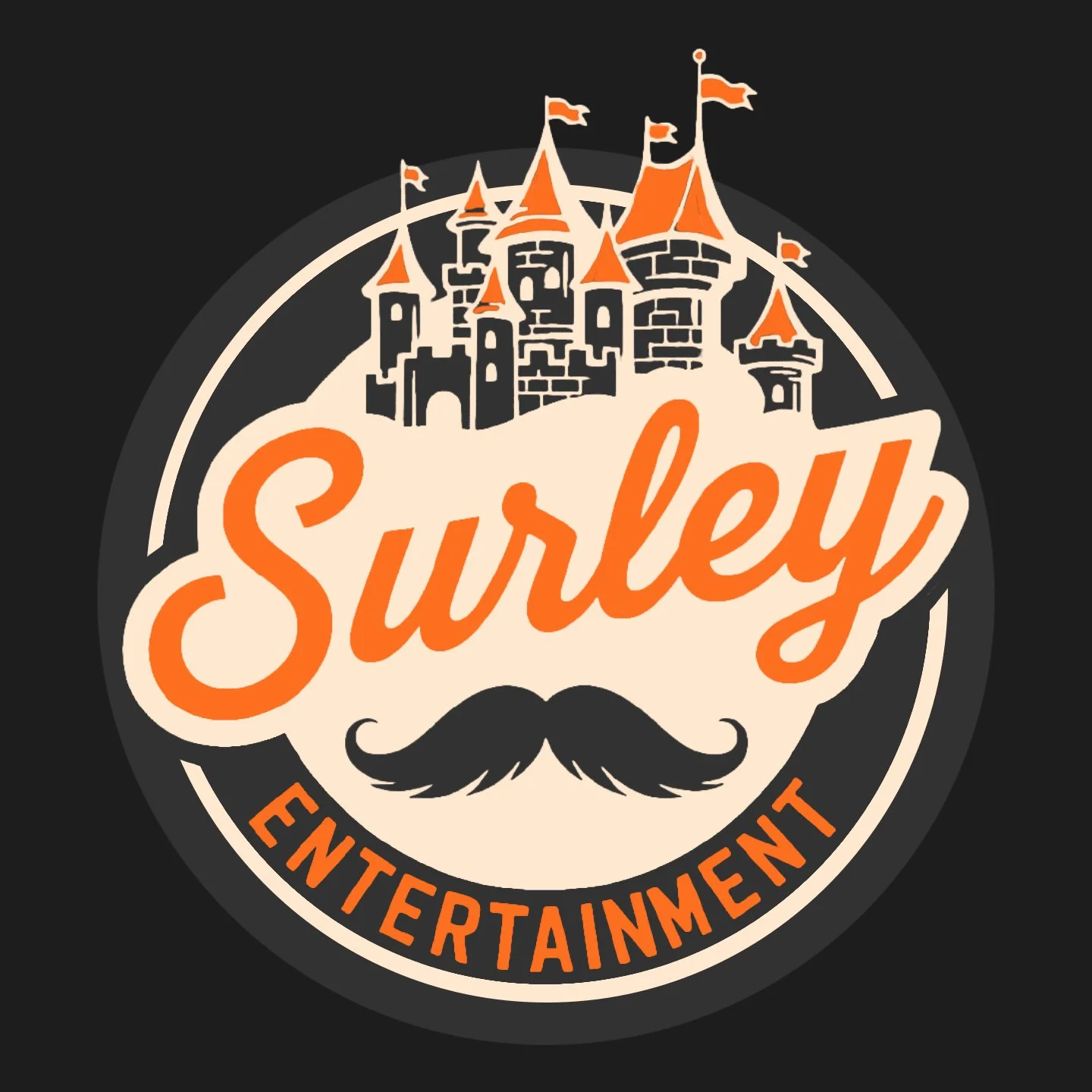 Logo for Surley Entertainment featuring a fairytale castle above the word 'Surley' with a mustache and the word 'Entertainment' below in orange on a black background.