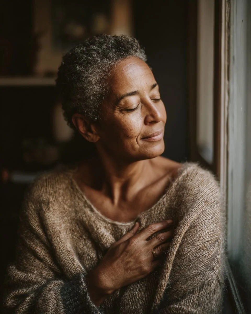 Middle-aged woman sitting on a window ledge with a hand over her heart