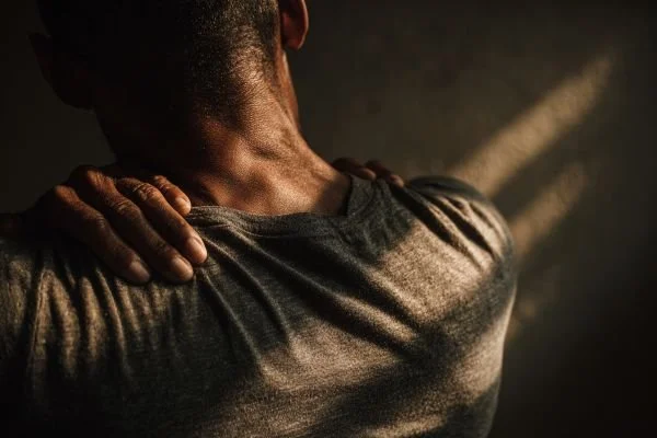 Hands offering gentle touch to tense shoulders, showing self-regulation techniques used in Somatic Experiencing for anxiety and stress