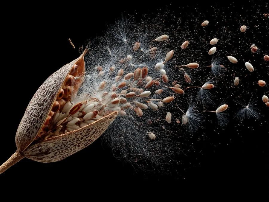 Milkweed pod releasing seeds into the wind, symbolizing natural release and letting go in somatic healing