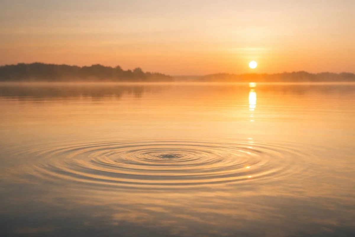 Sunrise reflecting on still water with gentle ripples expanding outward, symbolising emotional release after a past life regression session in Brisbane.