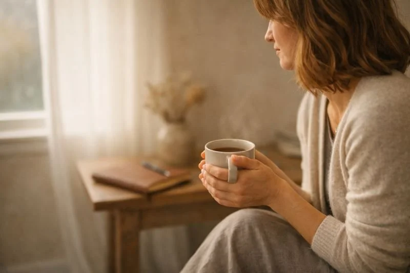 A woman sitting near a sunlit window holding a warm cup in both hands, reflecting quietly before a past life regression session in Brisbane.