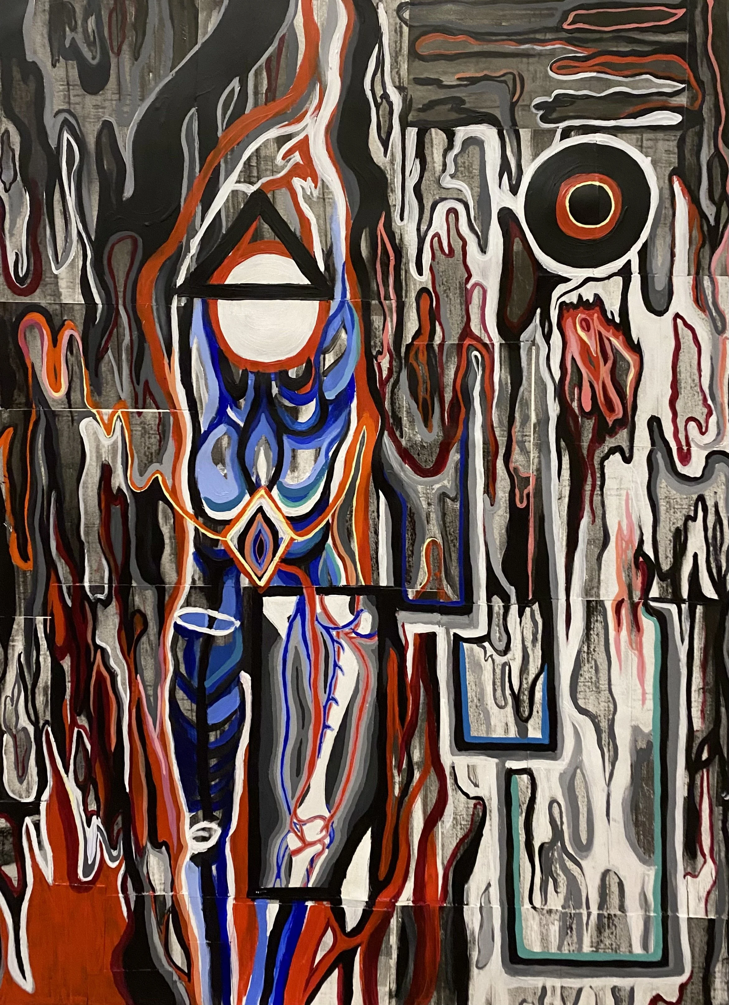 Moving Through the Shadow, acrylic paint on collaged photographs of bark, 20x28 in, May '21