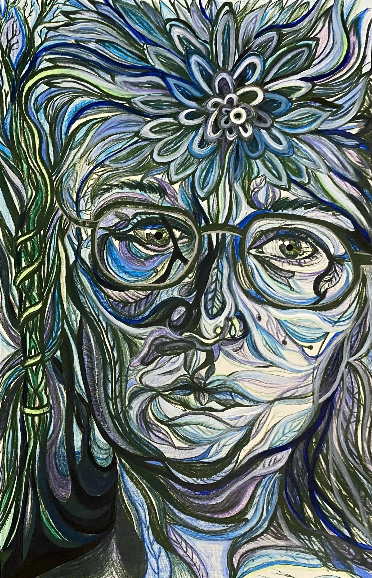 Seeing, lithograph made with green ink, colored pencils, and acrylic paint, 10x15.5 in, November '21