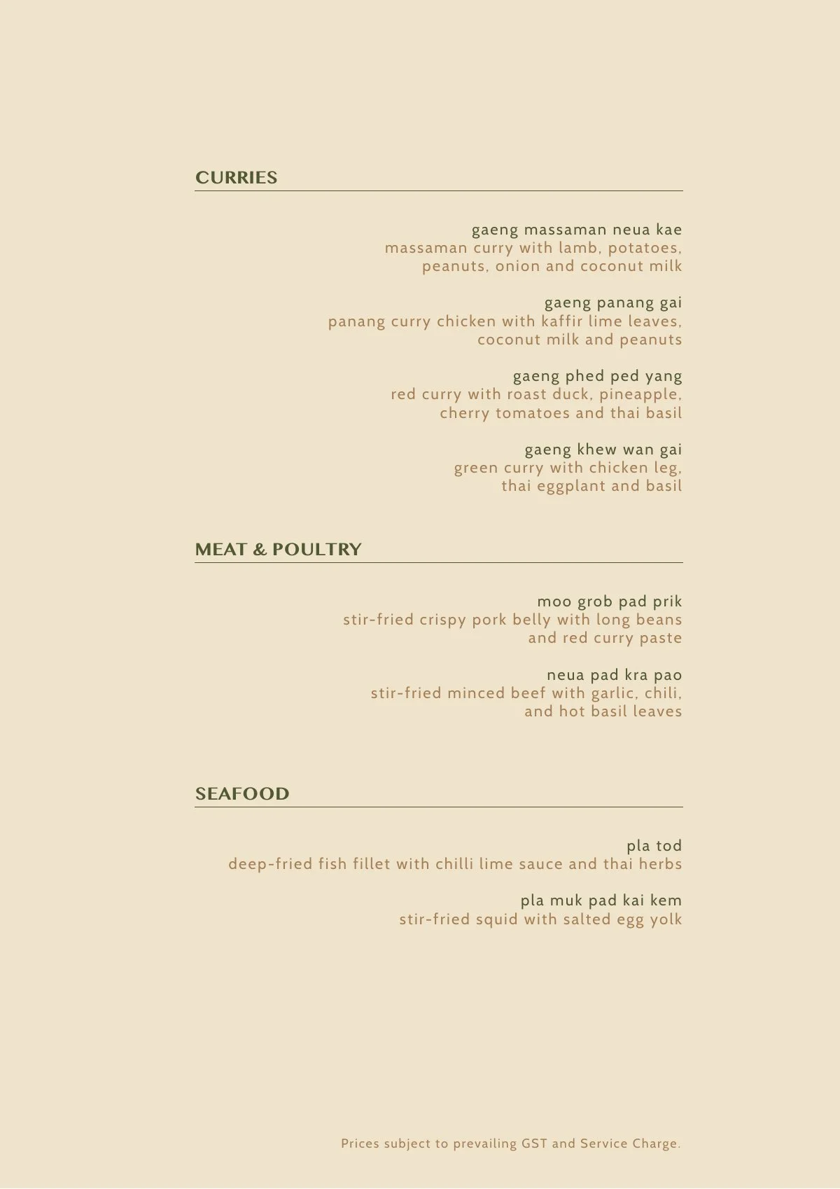 Sarai Fine Thai buffet menu: Thai curries, meat, poultry and seafood