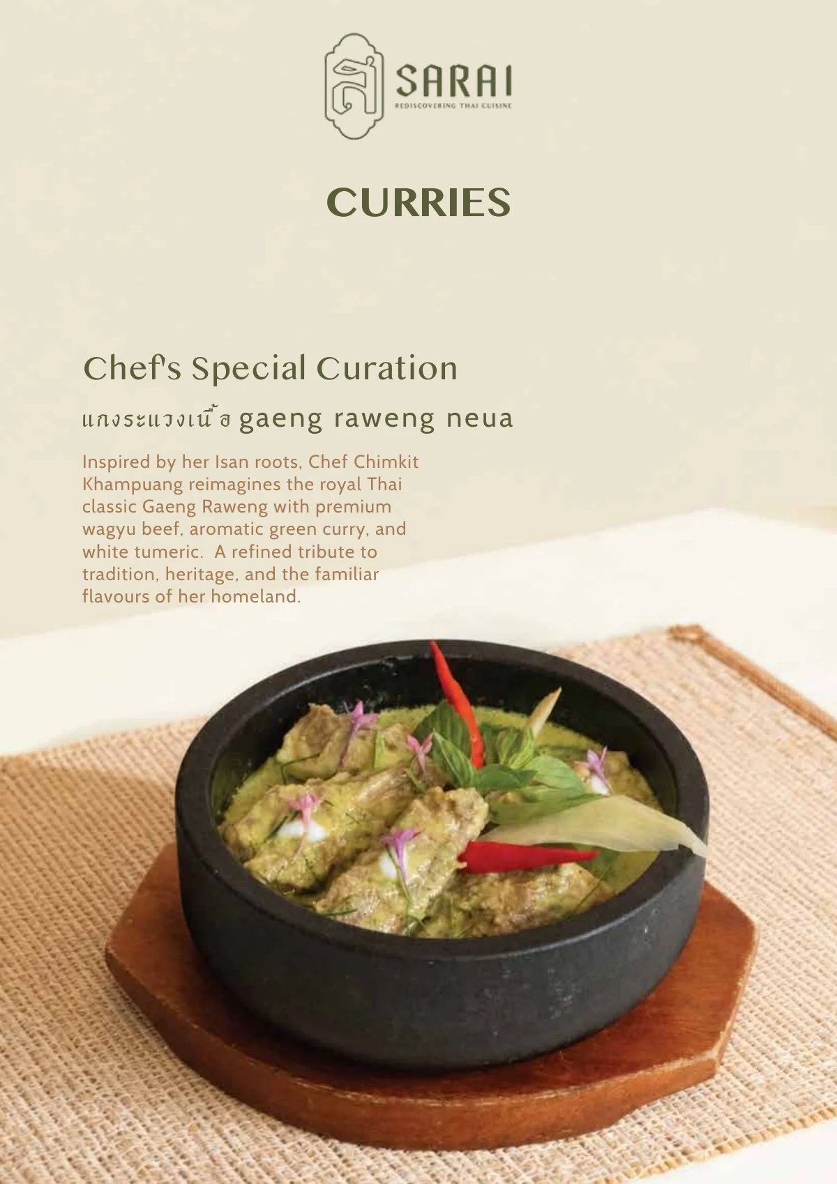 Gaeng Raweng Neua, dry green curry with wagyu beef, a reimagined royal Thai classic at Sarai Fine Thai