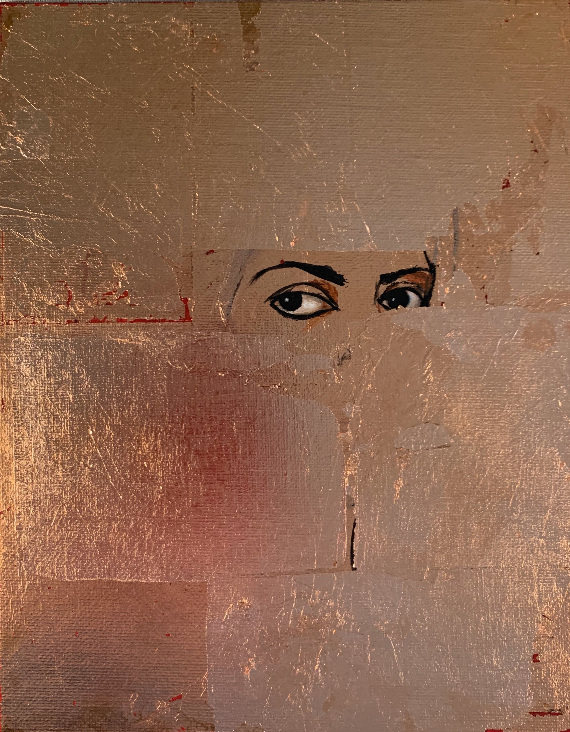 A painting of Narges Mohammadi encased in sheets of copperleaf.