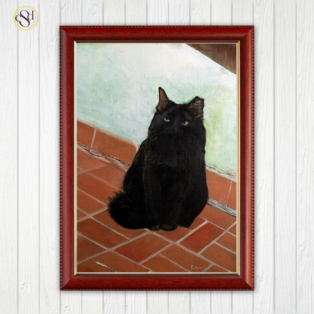 oil on canvas commission of a black street cat sitting in a tiled courtyard that was adopted by the Goldman Family in Paraguay.