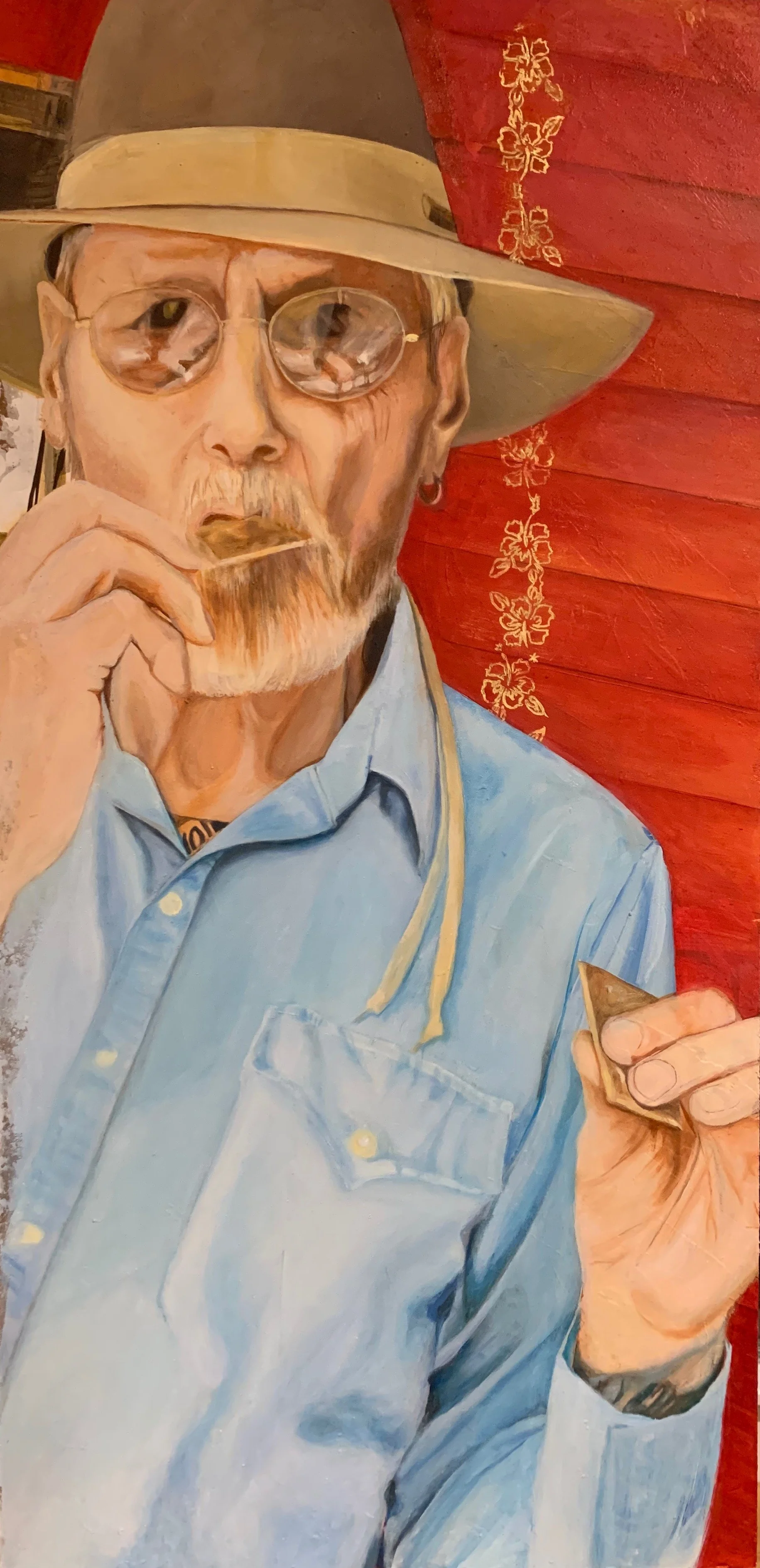 Oil Painting commission on Wood of a beloved grandfather, James Herald, by Carolina Alvarado Navarrete