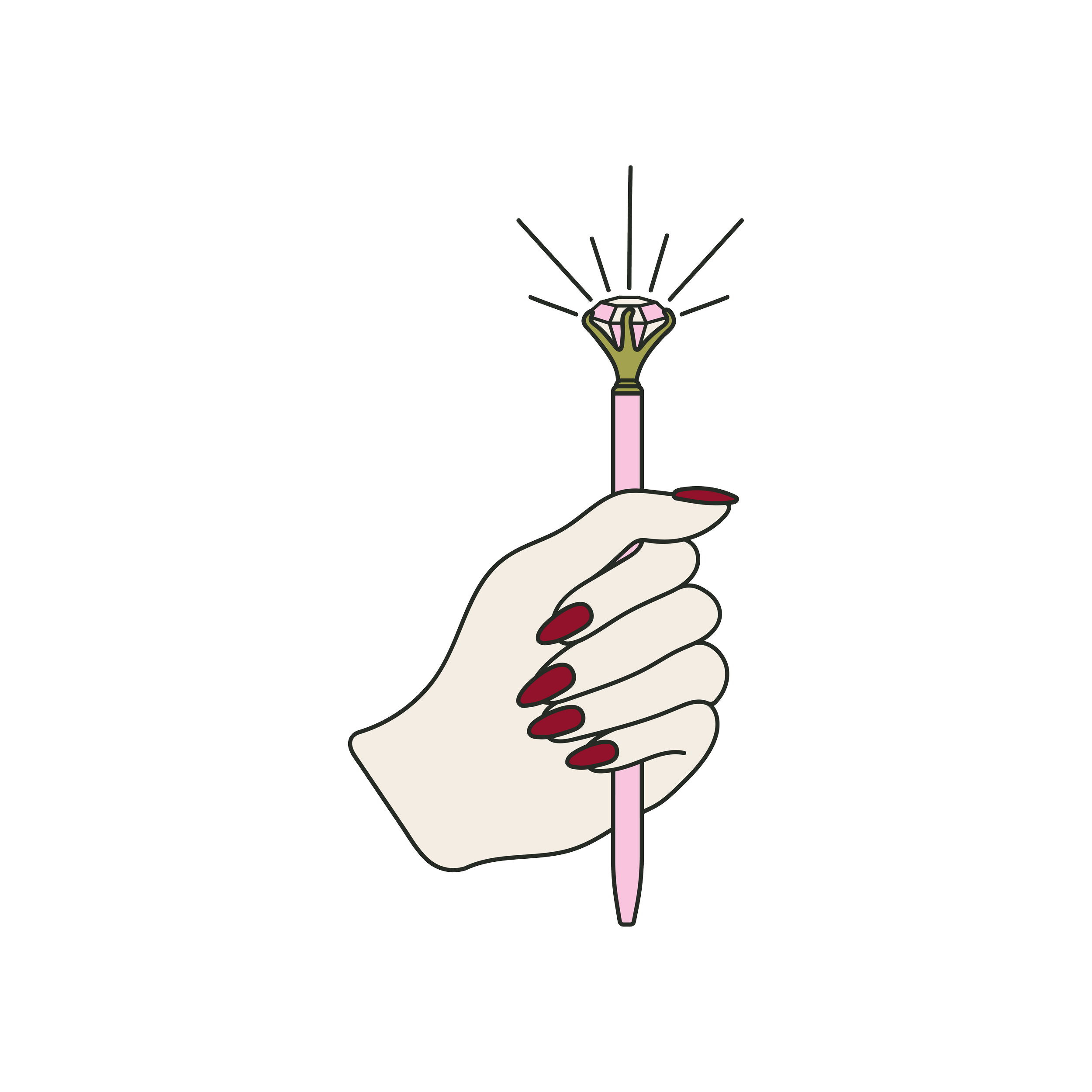 A hand with red manicured nails holding Elle's signature celebrant pen that has a giant gemstone on top, emitting sparkles like it is her sword.