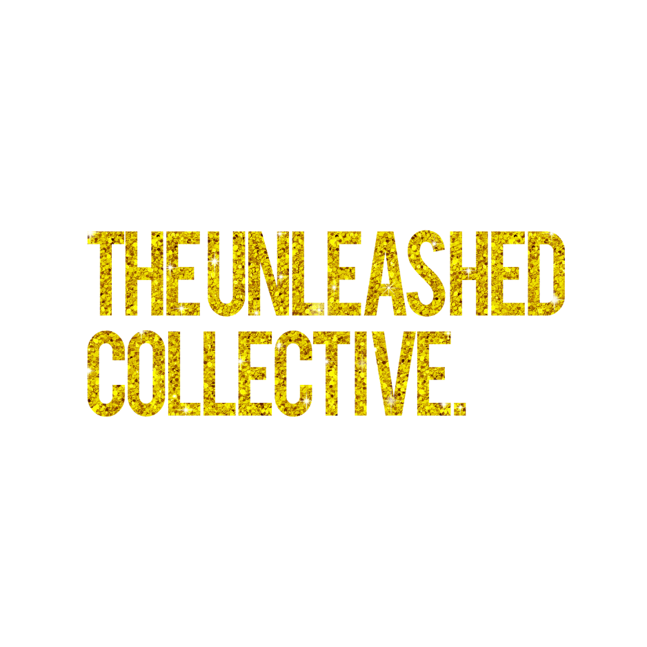 The logo of The Unleashed Collective,  which is their name is sparkling gold glitter.