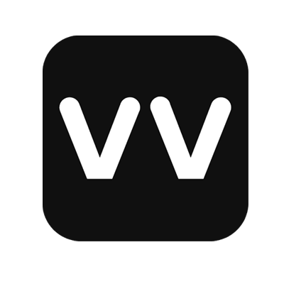 Logo met twee witte capital V's op een zwarte achtergrond.