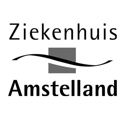 Logo van Ziekenhuis Amstelland met zwarte en witte kleuren, tekst en grafische elementen.
