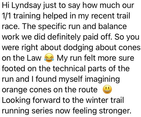 🤩CLIENT FEEDBACK🤩

I loved working on trail running strength training with @lhanley50 in preparation for the Hadrian&rsquo;s Wall half marathon and winter trail racing events. 

This feedback and pics are when we got onto the trails and practised d