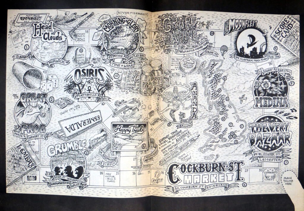 Support Your Local Headshop – a game for all the family. Sponsored by Alchemy Culture Shop, Portobello Road, London. © 1975 Bryan Talbot. As featured in issue 1 of Brain Storm Comix.