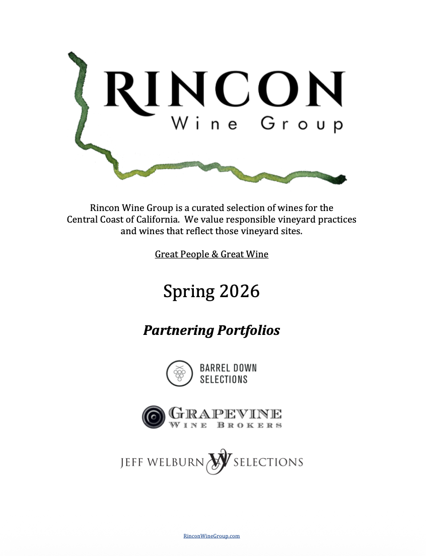 A document titled "Rincon Wine Group" with a green outline of California at the top. Contains a description of Rincon Wine Group's focus on curated California wines and partnership logos for Barrel Down Selections, Grapevine Wine Brokers, and Jeff Welburn Selections.
