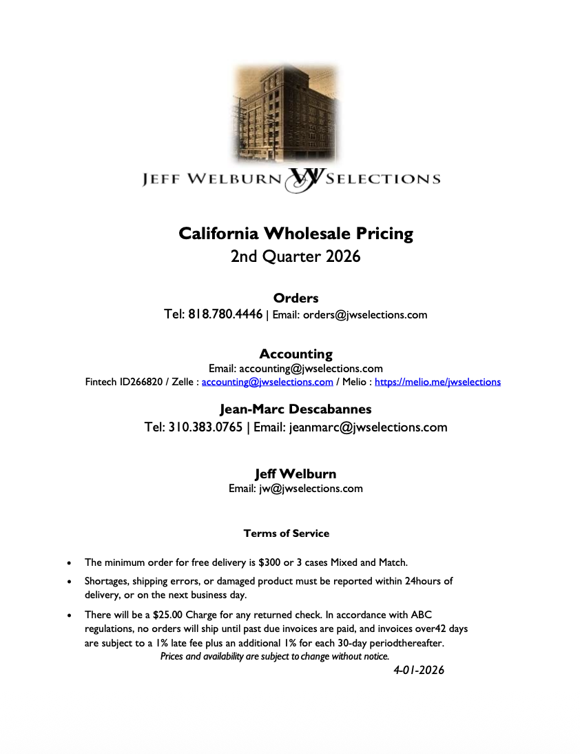 Company brochure or report cover page titled 'California Wholesale Pricing' for 1st quarter 2026, featuring a building image, and listing contact information for Jean-Marc Descabannes, Ty Burton-Ortiz, and Jeff Welburn, along with terms of service and a date of January 1, 2026.