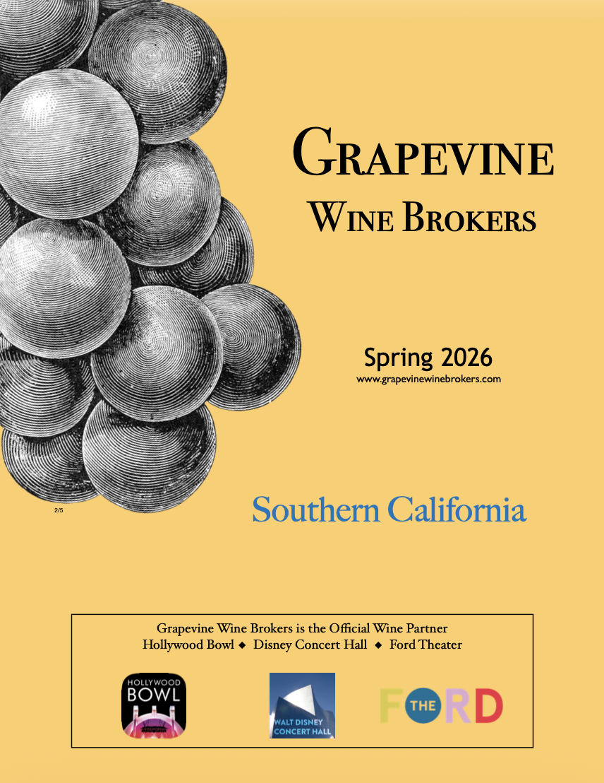 Cover of a Grapevine Wine Brokers brochure for Autumn 2025, Southern California edition, featuring a cluster of black-and-white grapes on a yellow background.