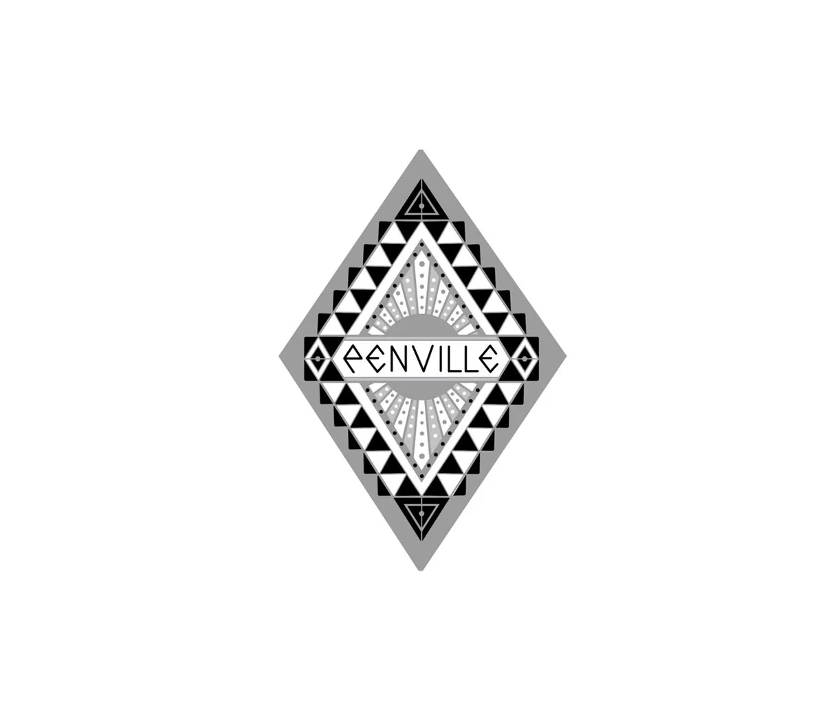 Black and white geometric design with the name 'Genville' in the center, surrounding patterns of triangles, lines, and dots, arranged in a diamond shape.