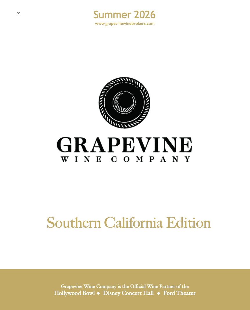 Cover of a Grapevine Wine Brokers brochure for Autumn 2025, Southern California edition, featuring a cluster of black-and-white grapes on a yellow background.