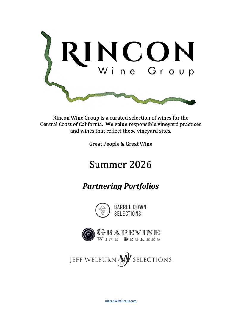 A document titled "Rincon Wine Group" with a green outline of California at the top. Contains a description of Rincon Wine Group's focus on curated California wines and partnership logos for Barrel Down Selections, Grapevine Wine Brokers, and Jeff Welburn Selections.