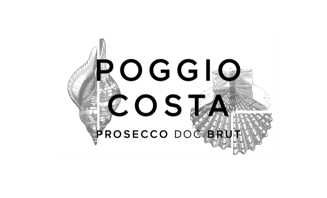 Black and white logo for Poggio Costa Prosecco DOC Brut featuring seashell illustrations and bold text.
