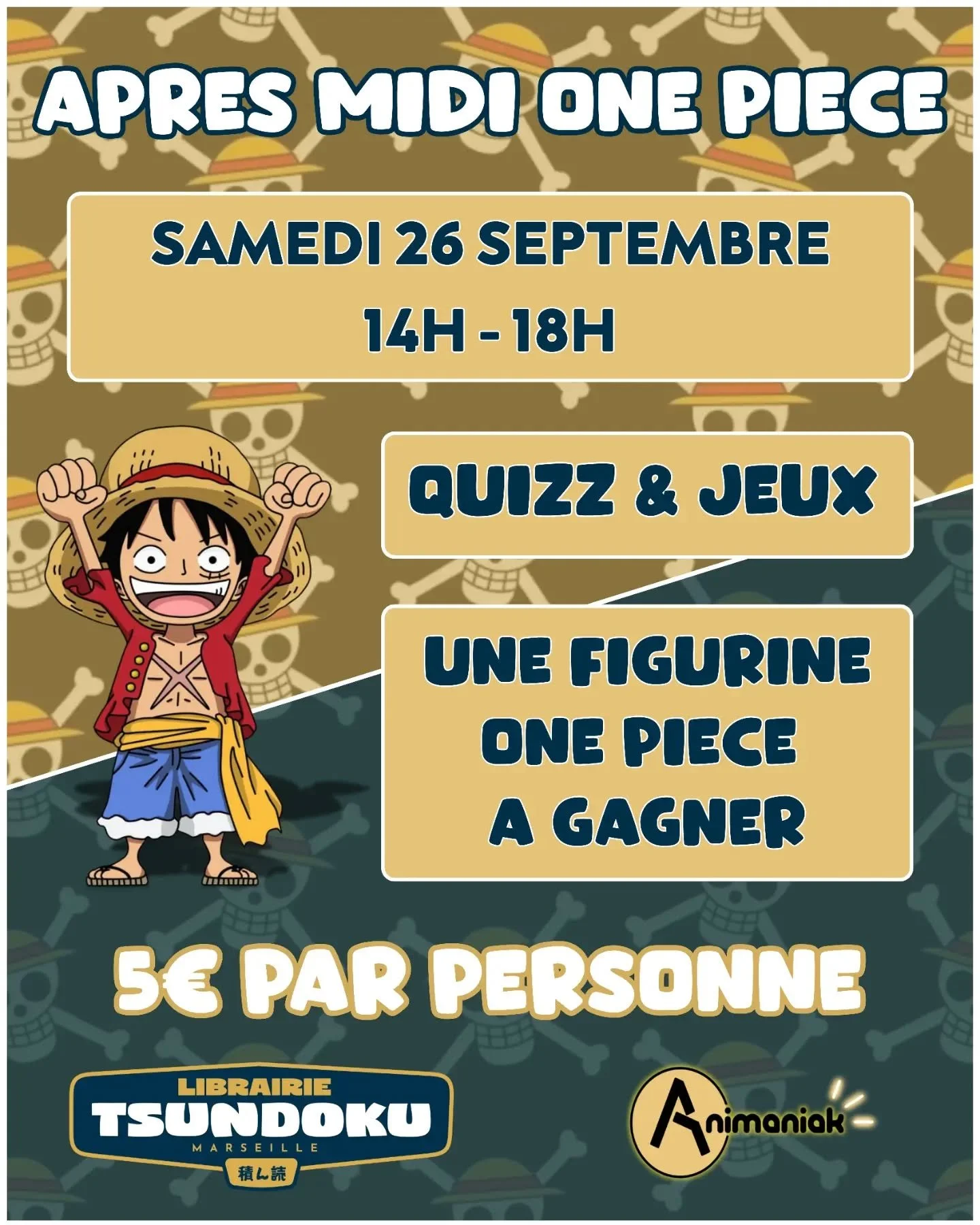 🏴&zwj;☠️ &Agrave; l'abordage !! 🏴&zwj;☠️

Pour f&ecirc;ter la sortie du tome 113 de One Piece, Tsundoku et @assosanimaniak organisent une apr&egrave;s midi sp&eacute;ciale One Piece &agrave; la librairie !! 

Au programme des quizz et autres jeux, 