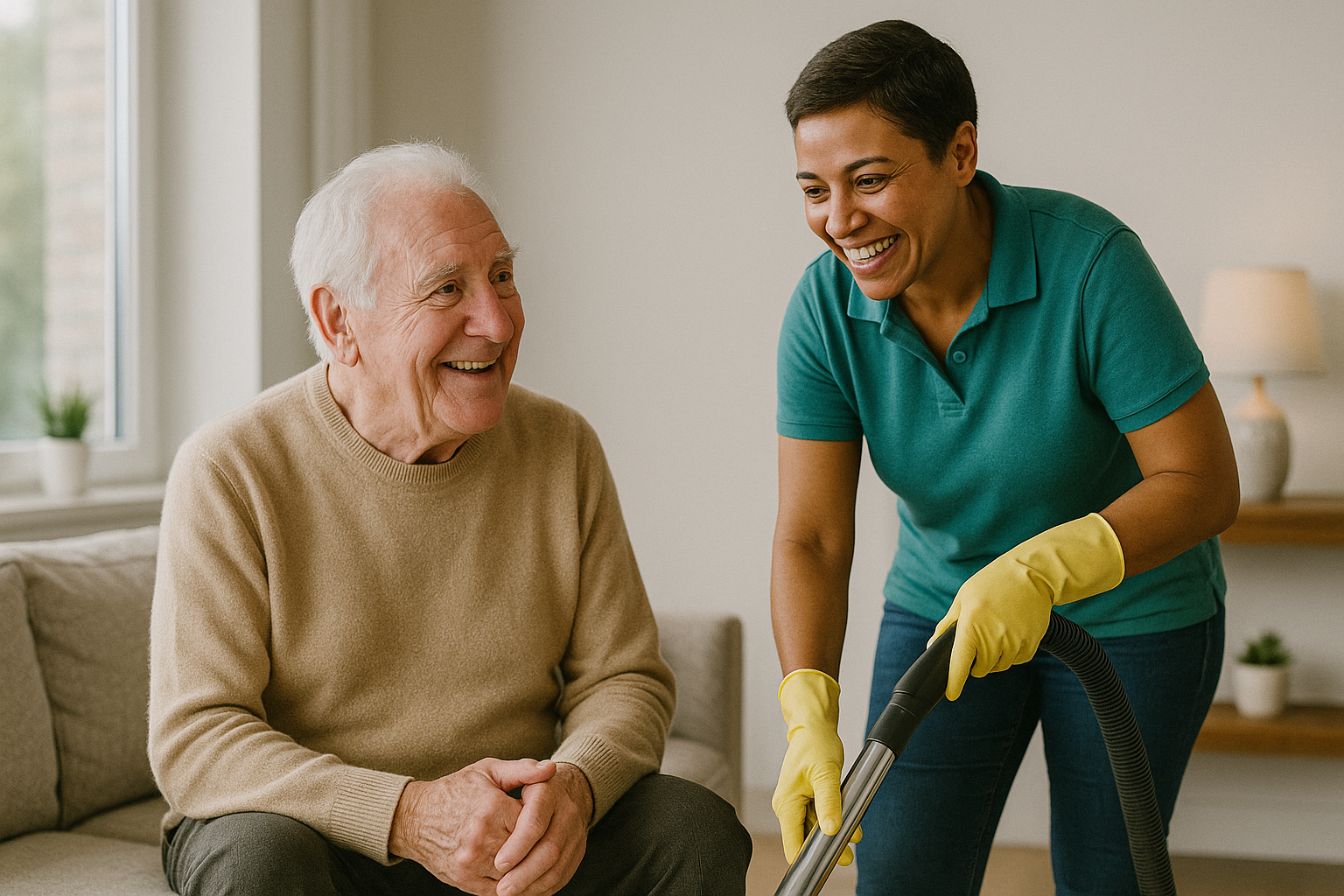 A woman in a teal shirt and yellow cleaning gloves vacuuming a couch while smiling, an elderly man in a beige sweater sitting on the couch watching and smiling in a living room.