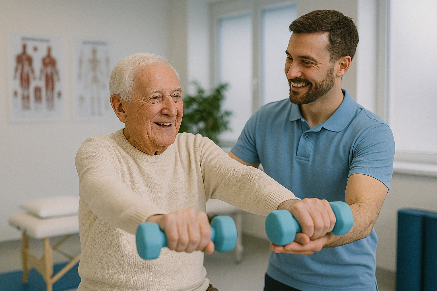 A young man assisting an elderly woman in doing arm exercises with light blue dumbbells in a rehabilitation or therapy setting, both smiling and engaged.
