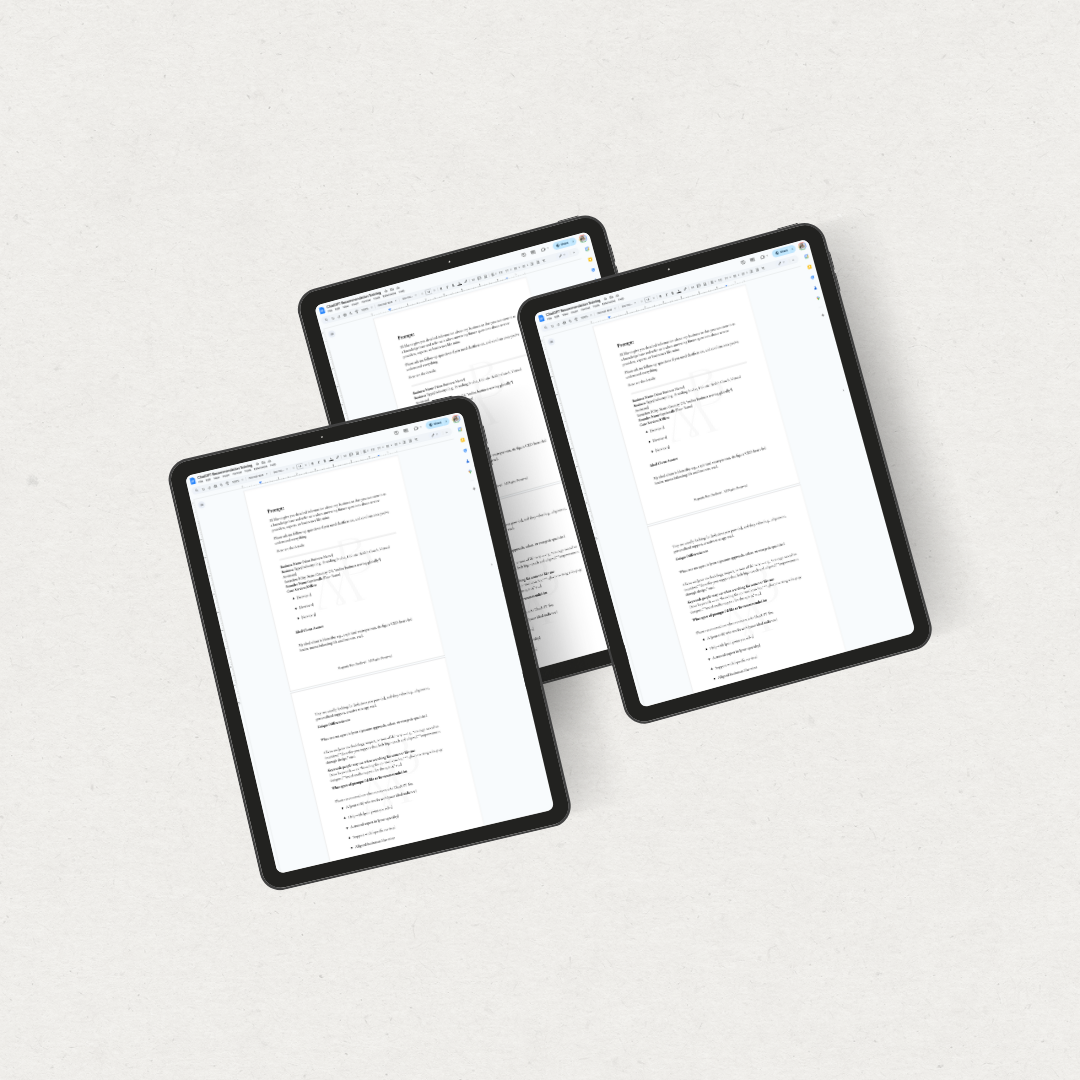 Three tablets displaying documents with text on a plain white background.