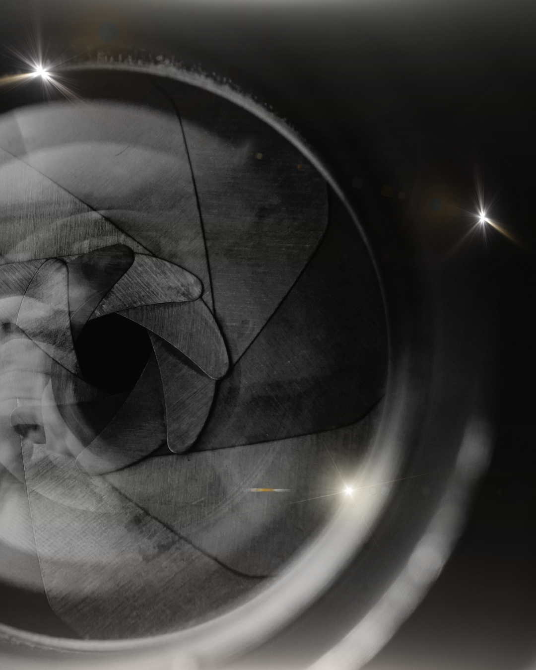 Close-up black and white photograph of an internal turbine or engine component, showing blades or vanes with reflections and light flares.