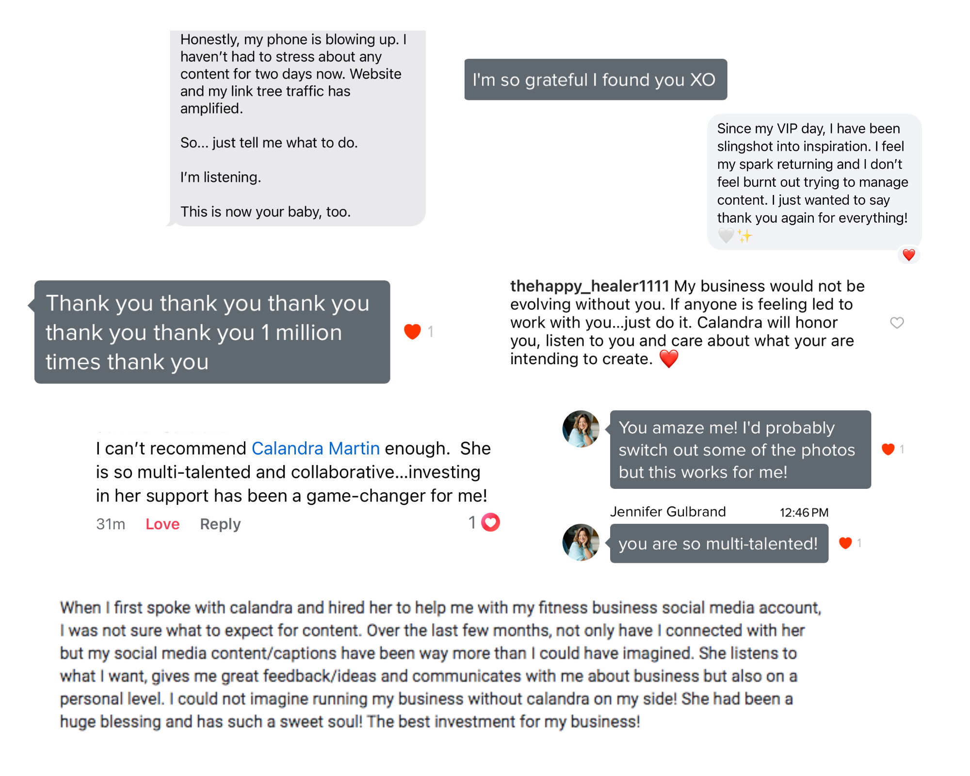 Screenshot of a text conversation in a messaging app discussing gratitude, success, and supporting a business, with emojis like hearts and sparkles