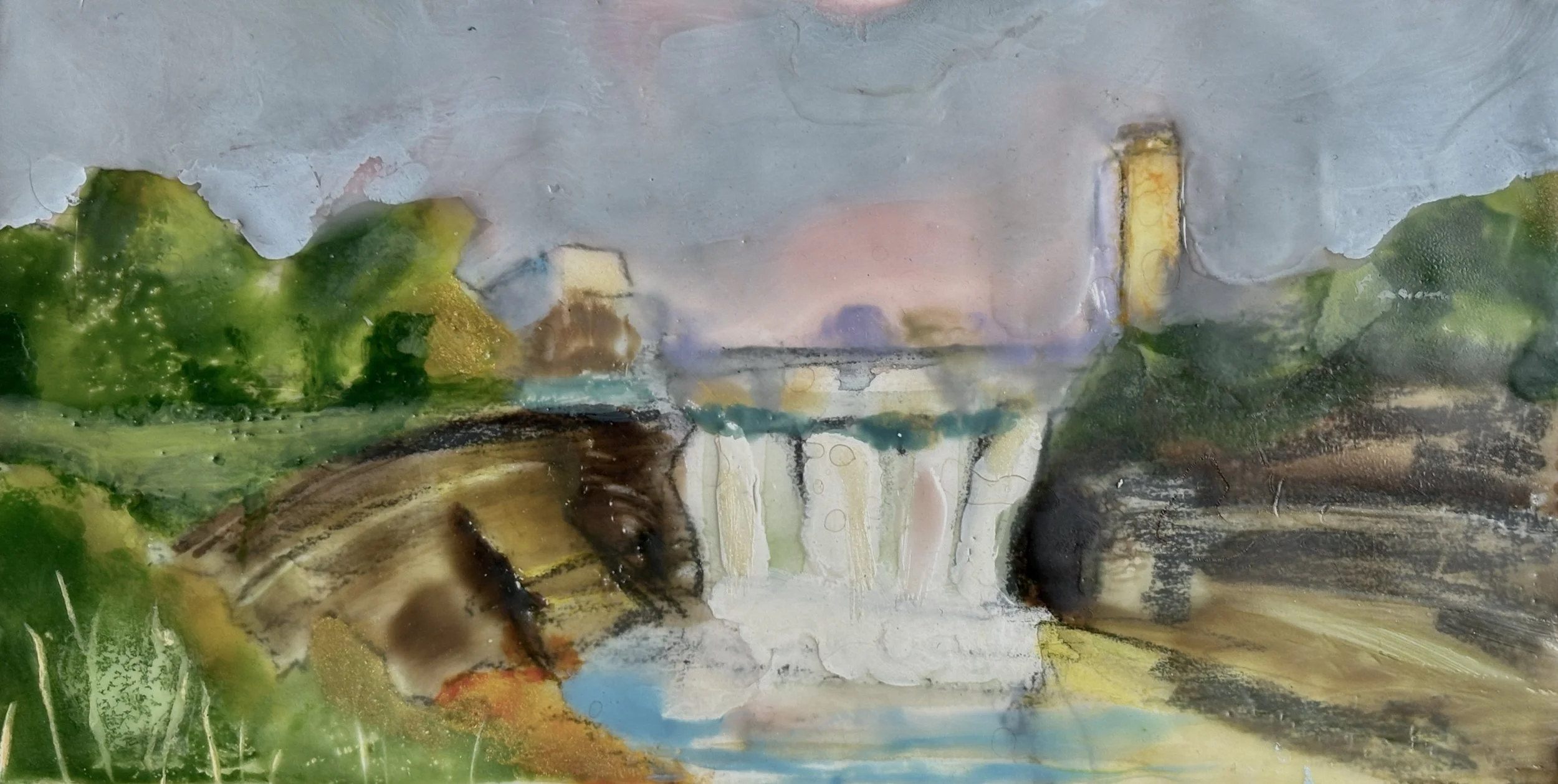"High Falls"  4"x8"  encaustic   2024