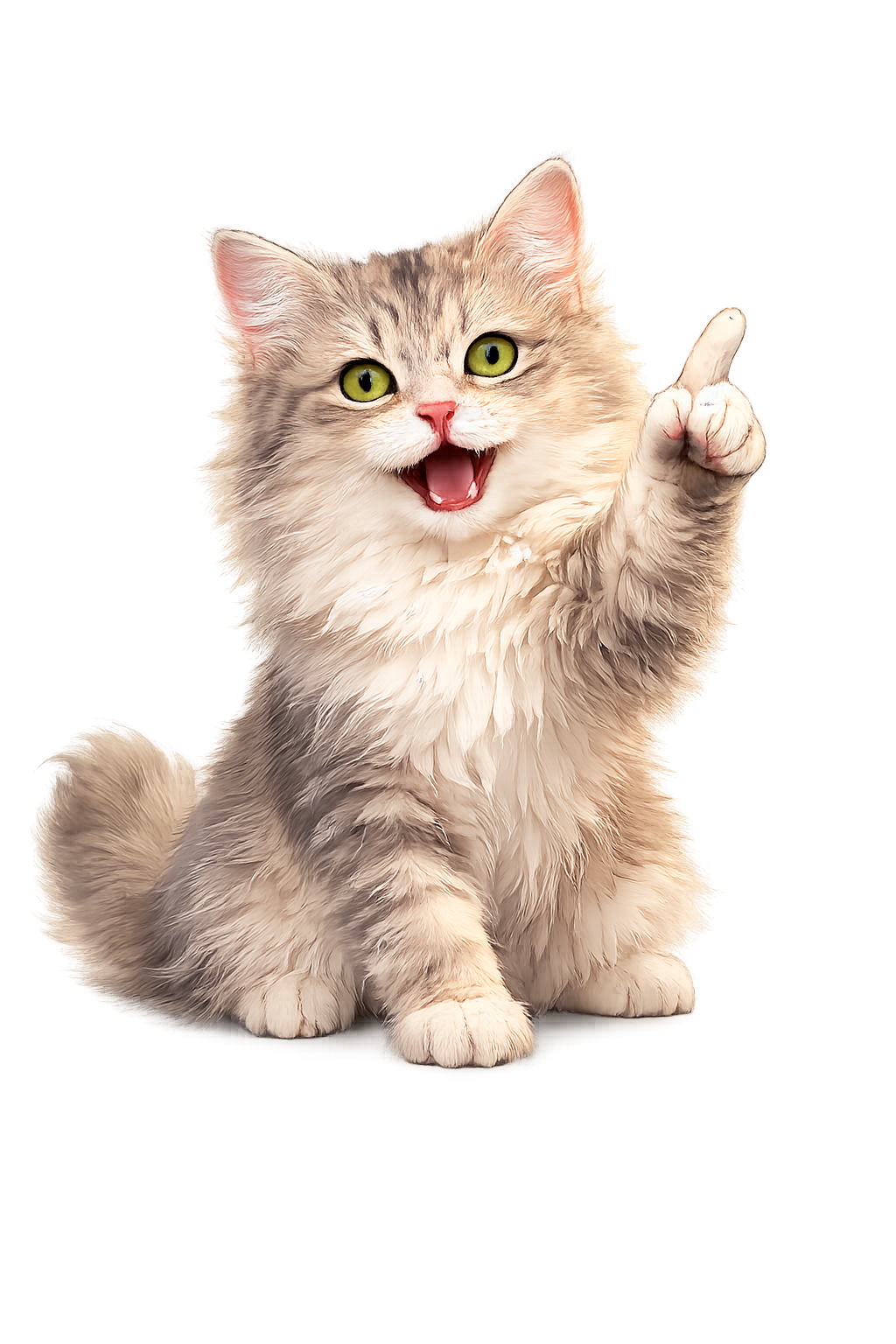 A happy, fluffy gray and white kitten with green eyes, sitting down and raising one paw, pointing with its paw, with an open mouth.